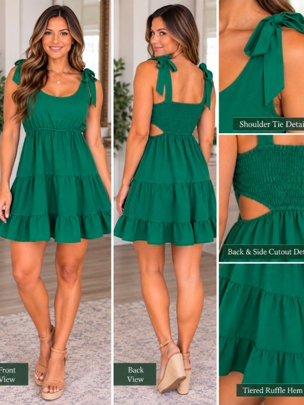 Altar'd State Emerald Green Tie-Shoulder Tiered Dress